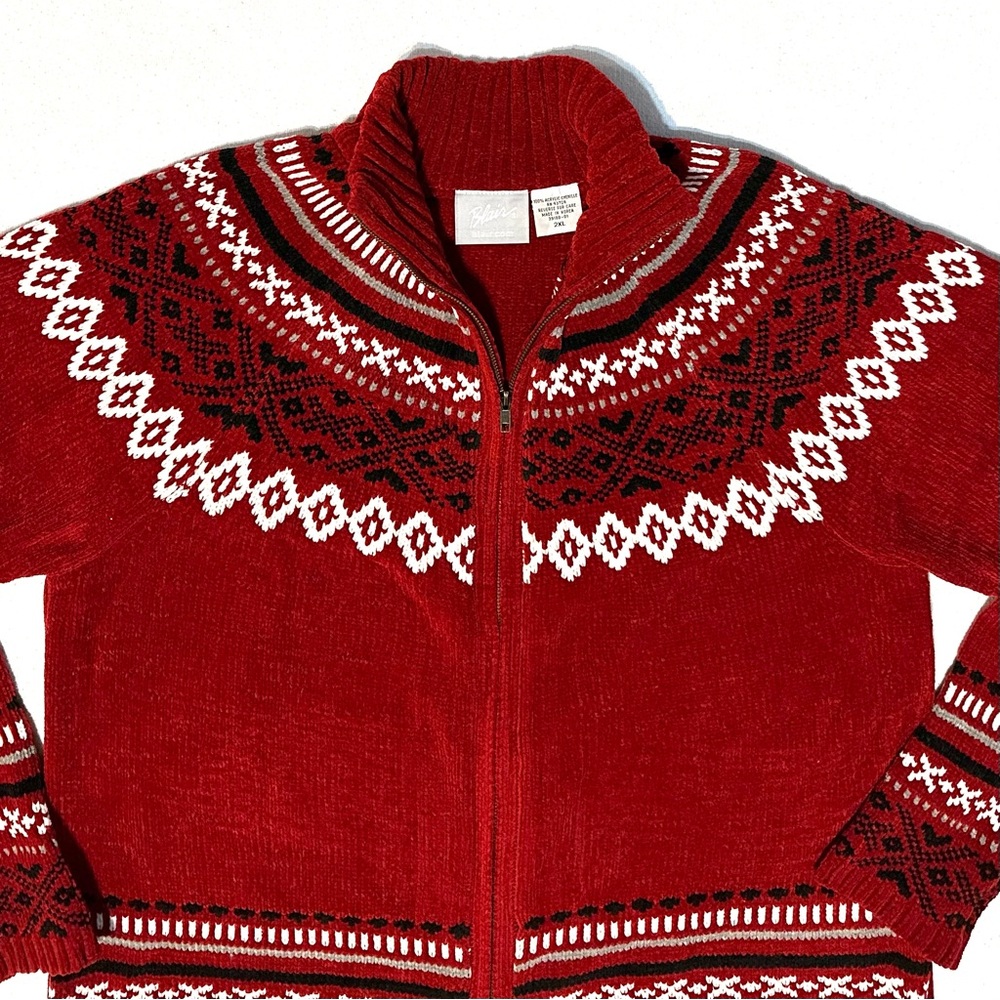 VINTAGE BLAIR FAIR ISLE CHENILLE ZIP MOCK NECK CARDIGAN SWEATER IN RED WINE. 2XL - Picture 4 of 10